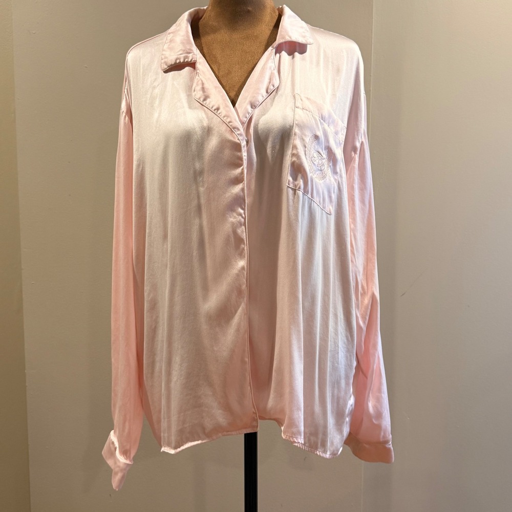 The Bar Silk Pajama Top Women M Pink Long Sleeve Embroidered Bridal Elegant USA